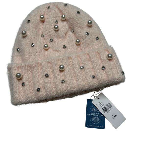 MAEVE ANTHROPOLOGIE Pink Embellished Rhinestone Pearl Cuffed Beanie Hat NWT - Picture 9 of 12